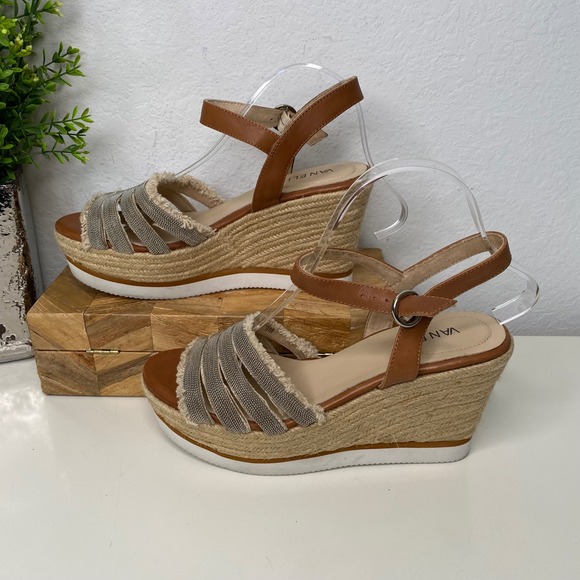 Vaneli Tan Leather Espadrille Wedge Sandals Metallic Chain Straps Women‎ 9M - Picture 3 of 11